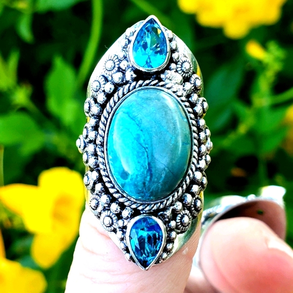 New Chrysocolla and Blue Topaz 925 Silver Statement Ring. - Picture 2 of 16